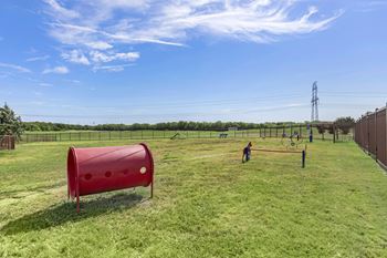 a playground in a field with a red fire hydrant